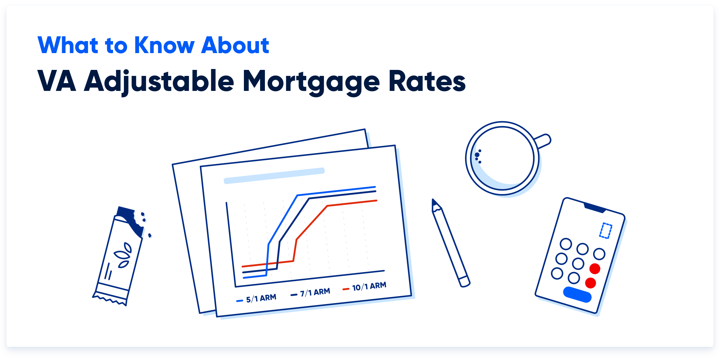 Illustration of adjustable-rate mortgage charts surrounded by various desk items.
