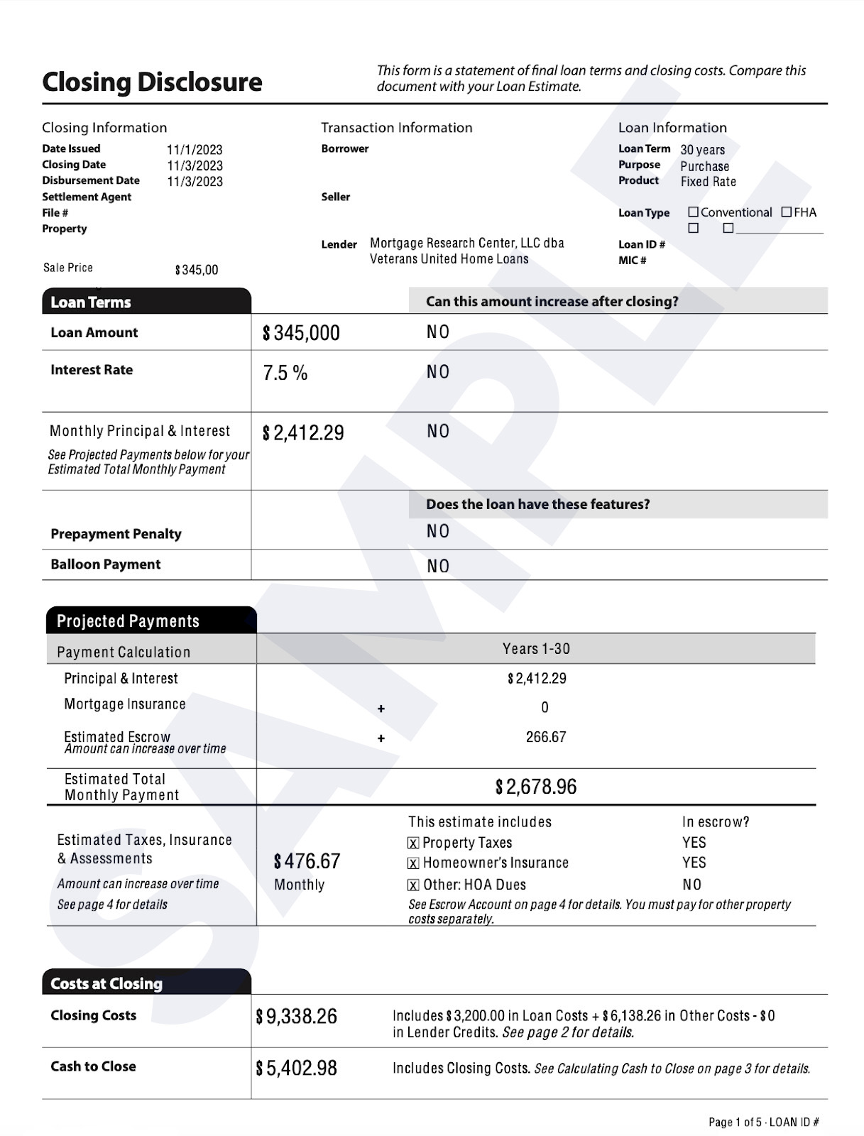 Closing Disclosure Example Page 1