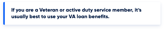 Graphic stating if you are a Veteran or active duty service member, it's usually best to use your VA loan benefits.