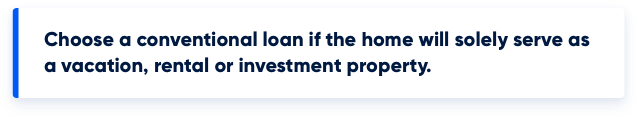 Graphic stating to choose a conventional loan if the home will solely serve as a vacation, rental or investment property.