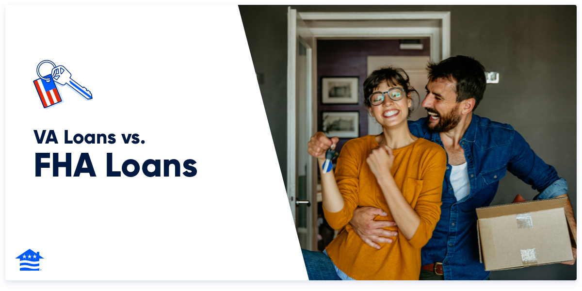 The banner contrasts "VA Loans vs. FHA Loans" with an American flag key icon on the left and depicts a delighted couple with new home keys on the right, symbolizing the joy of homeownership. 