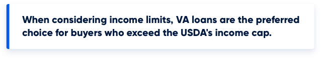 Graphic stating when considering income limits, VA loans are the preferred choice for buyers who exceed the USDA's income cap.