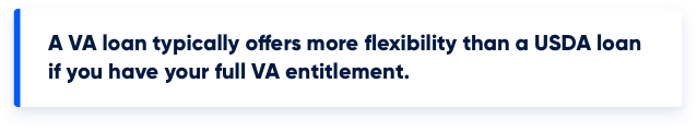 Graphic stating a VA loan typically offers more flexibility than a USDA loan if you have your full VA entitlement.