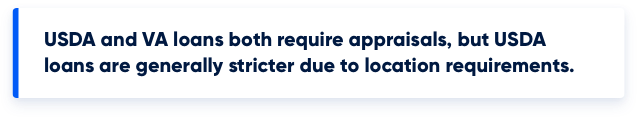 Graphic stating USDA and VA loans both require appraisals, but USDA loans are generally stricter due to location requirements.