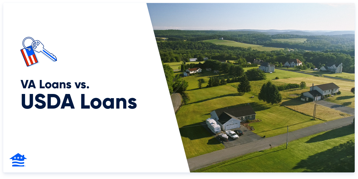 The image displays a banner with "VA Loans vs. USDA Loans" text and a key icon on the left, and on the right, an aerial shot of a rural residential area indicative of USDA loan coverage.