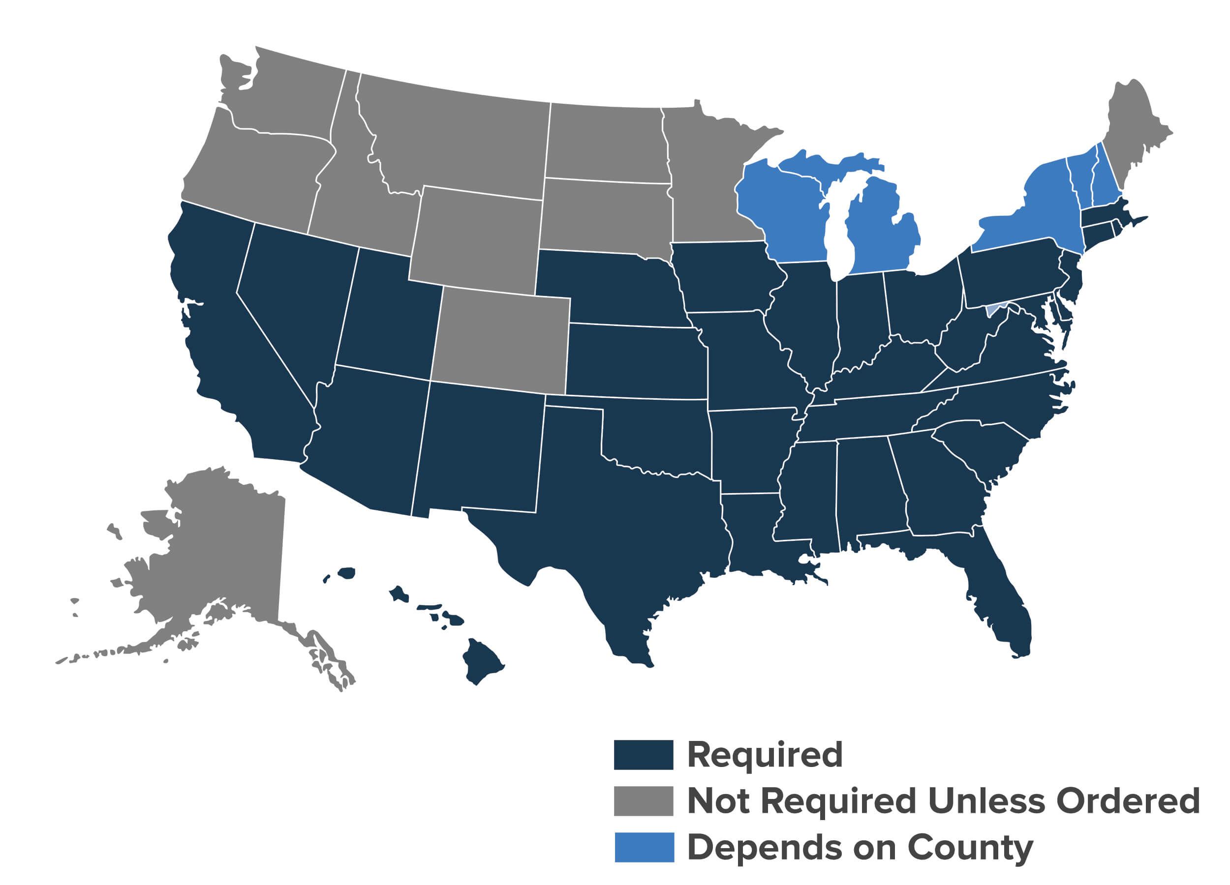 U.S. map showing which states require pest inspections for a VA loan. 