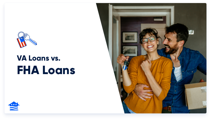 The banner contrasts "VA Loans vs. FHA Loans" with an American flag key icon on the left and depicts a delighted couple with new home keys on the right, symbolizing the joy of homeownership. 