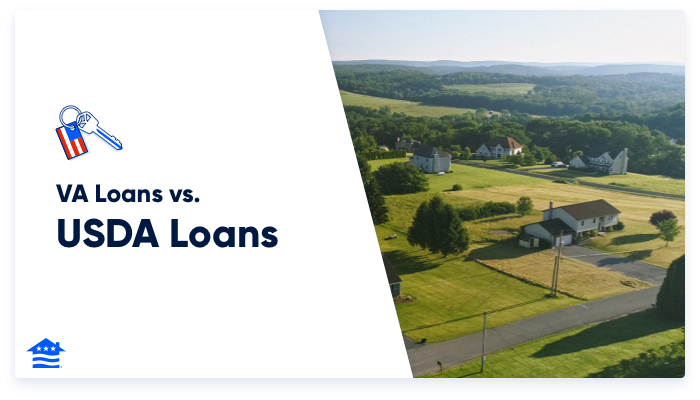 The image displays a banner with "VA Loans vs. USDA Loans" text and a key icon on the left, and on the right, an aerial shot of a rural residential area indicative of USDA loan coverage.