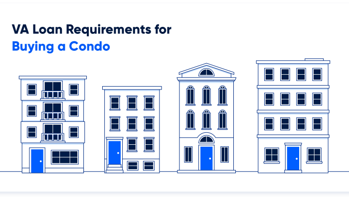 Four illustrated condo buildings with blue doors.