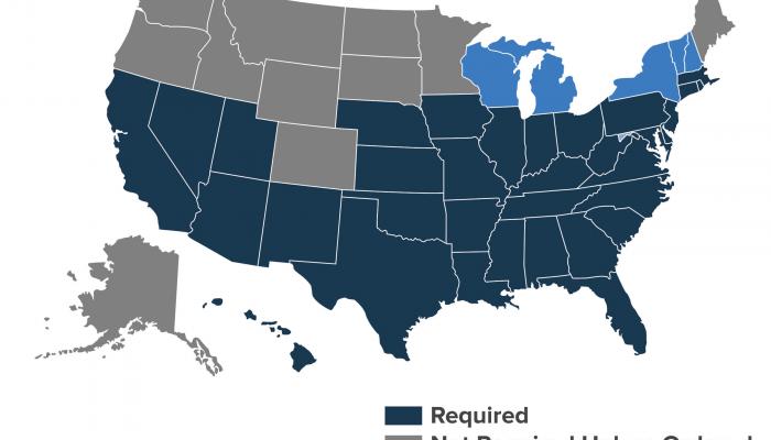 U.S. map showing which states require pest inspections for a VA loan. 