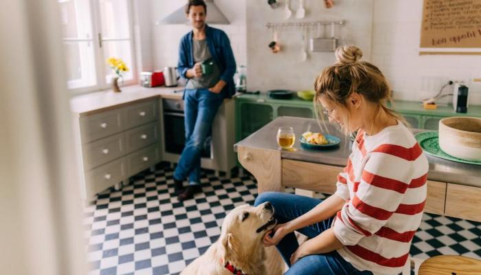 A couple in their kitchen with a dog. 
