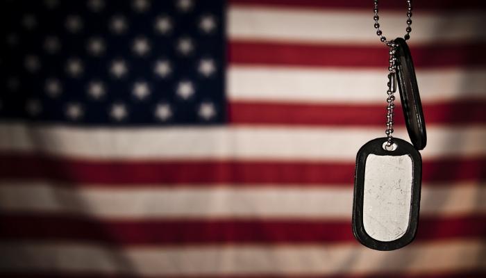 Dog tag hangs in front of American flag.