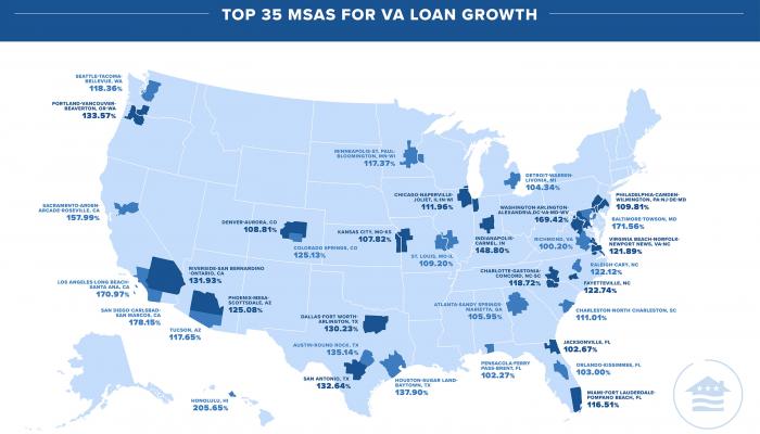 Top 35 Metropolitan Statistical Areas for VA loans in 2020.