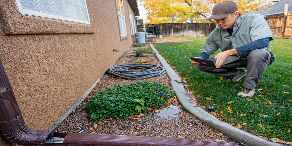A man in work clothes and a cap is kneeling with a tablet in a backyard, surrounded by plants, a coiled hose, and fallen leaves, possibly engaged in landscaping or maintenance.