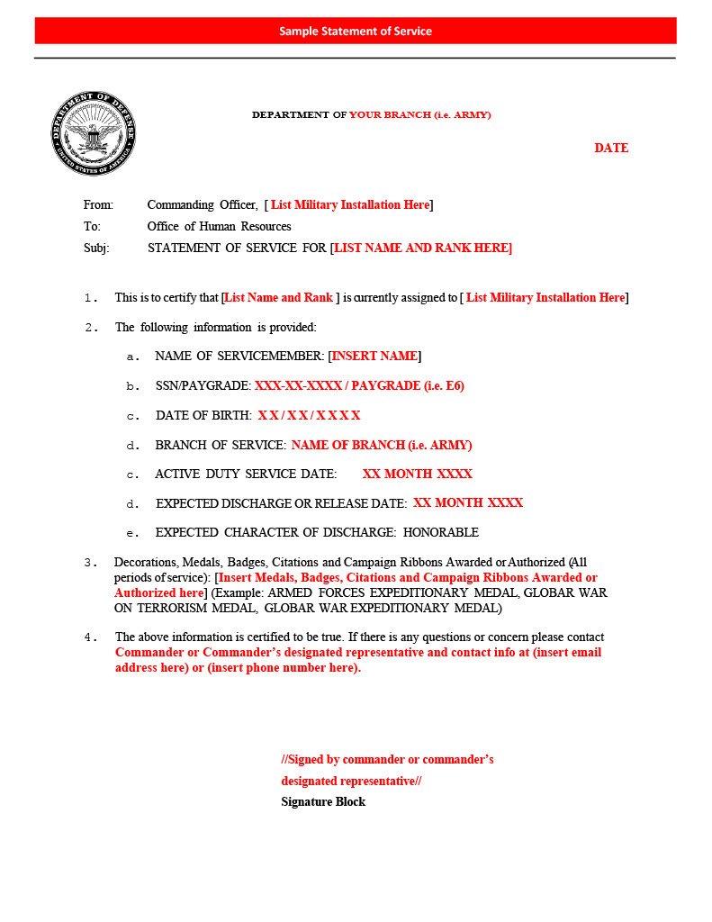Statement of service example document