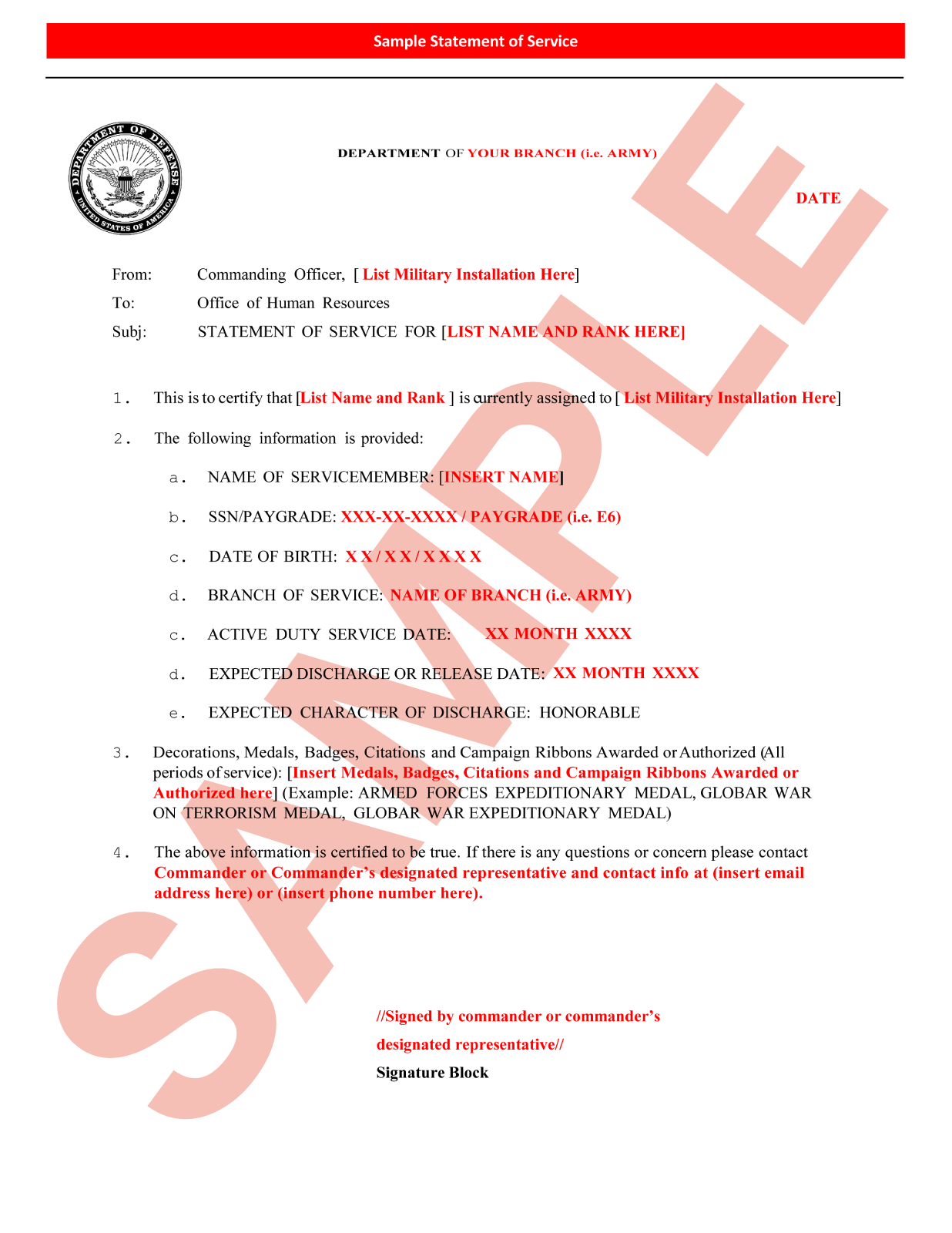 Example image of a sample statement of service.